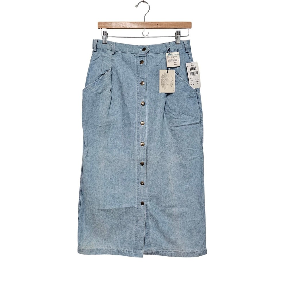 Vintage NWT Woolrich Chambray Midi Skirt 14 Blue Button Front 90s Modest Denim